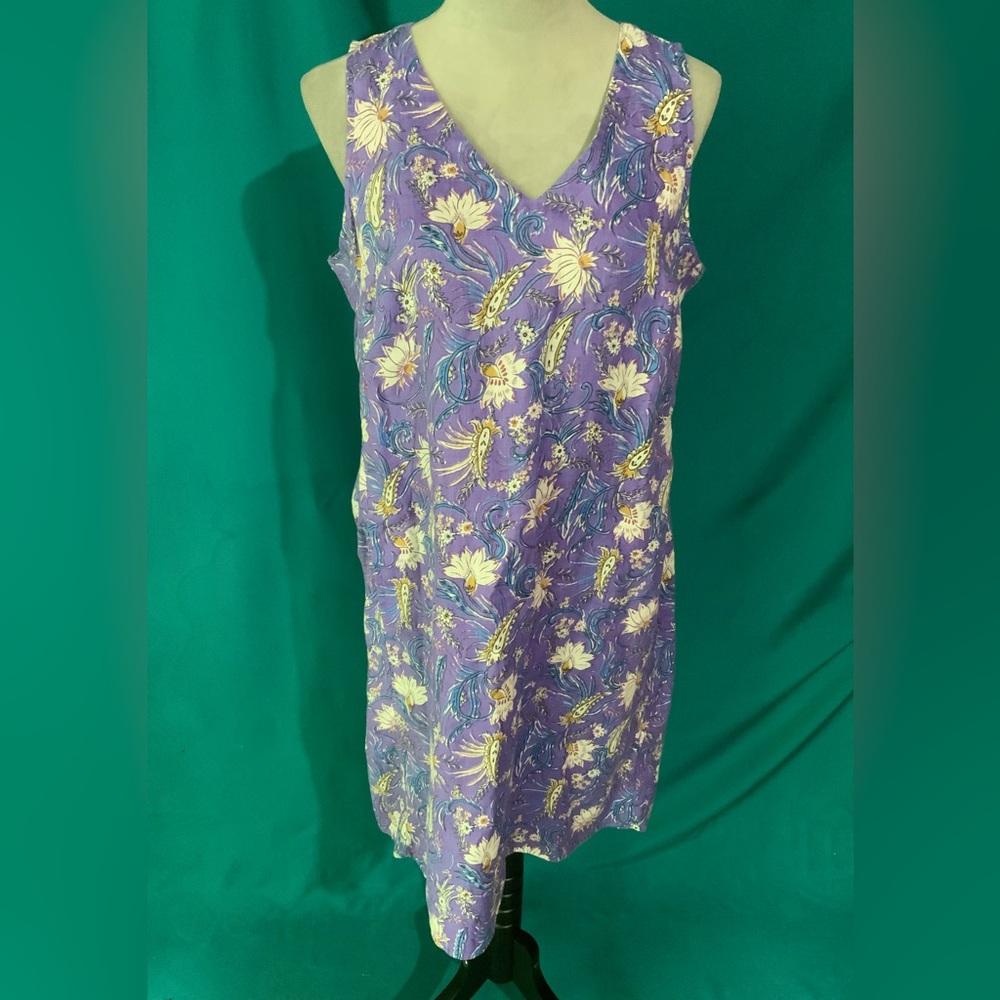 J. Jill Love Linen Collection Purple Floral Linen V-Neck Dress